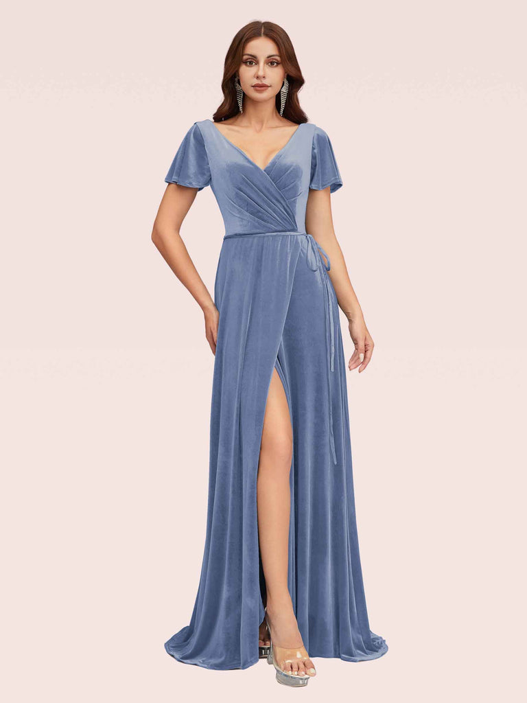 Elegant Velvet V-neck Side Slit Short Sleeves Long Bridesmaid Dresses Online Elegant Velvet V-neck Side Slit Short Sleeves Long Bridesmaid Dresses Online