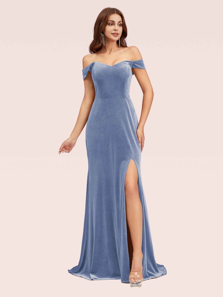 Elegant Side Slit Mermaid Off Shoulder Long Stretch Velvet Bridesmaid Dresses Online