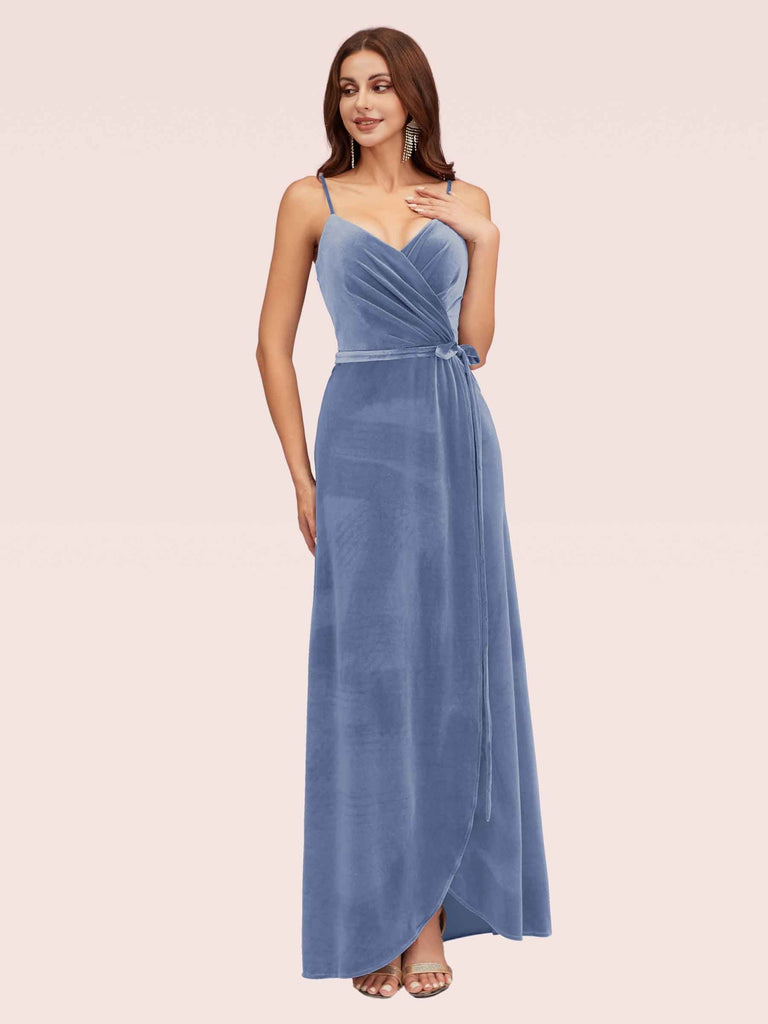 Elegant Velvet Spaghetti Straps V-neck Modern Long Prom Dresses With Slit Elegant Velvet Spaghetti Straps V-neck Modern Long Prom Dresses With Slit