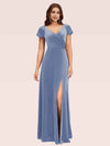 Sexy Side Slit Short Sleeves Velvet V-neck Long Formal Prom Dresses 2023