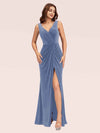 Elegant Mermaid V-Neck Long Side Slit Off Shoulder Velvet Bridesmaid Dresses For Sale