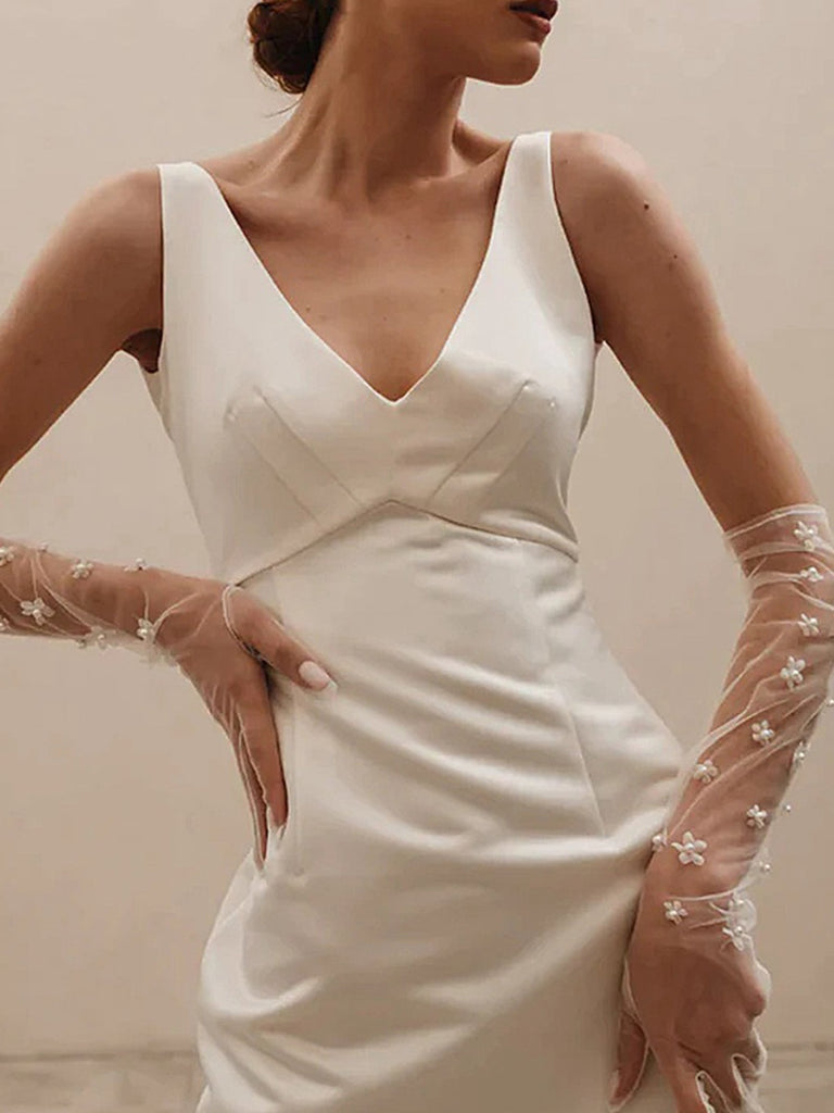 Elegant Sweet Floral Simple Long Bridal Gloves, VM14