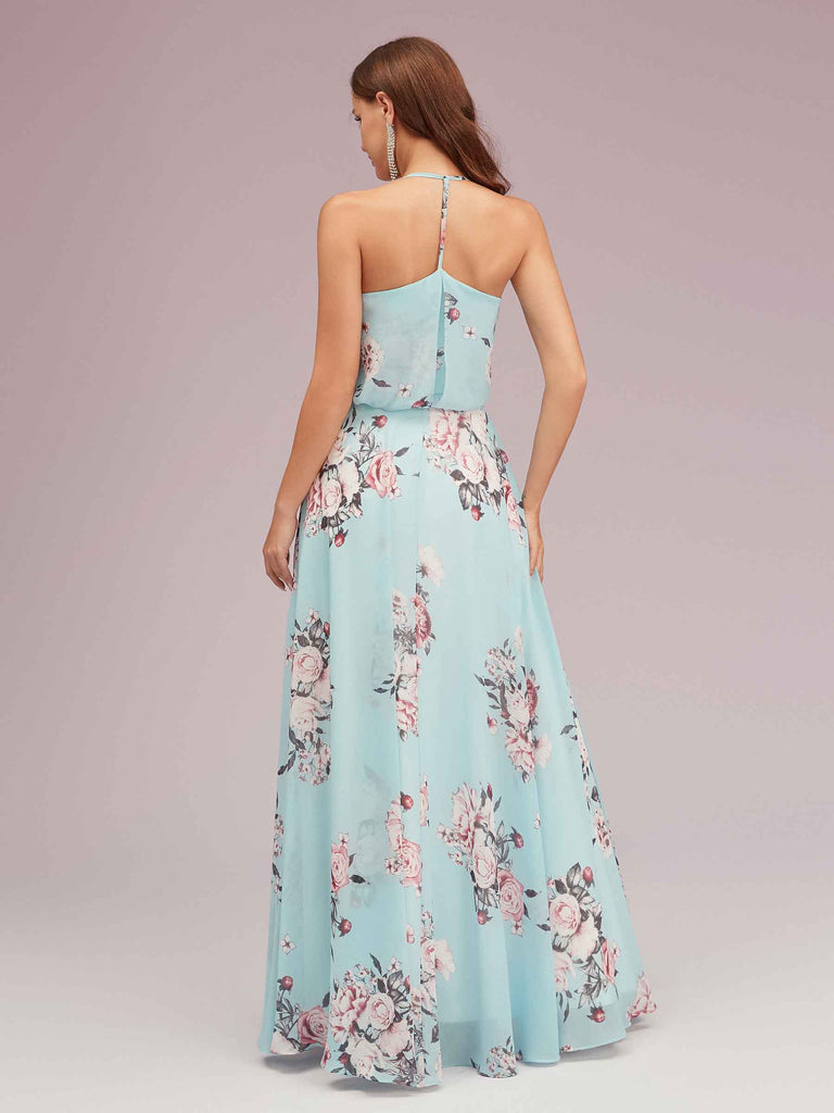 Sexy Floral Halter V-neck Chiffon Long Bridesmaid Dresses Online