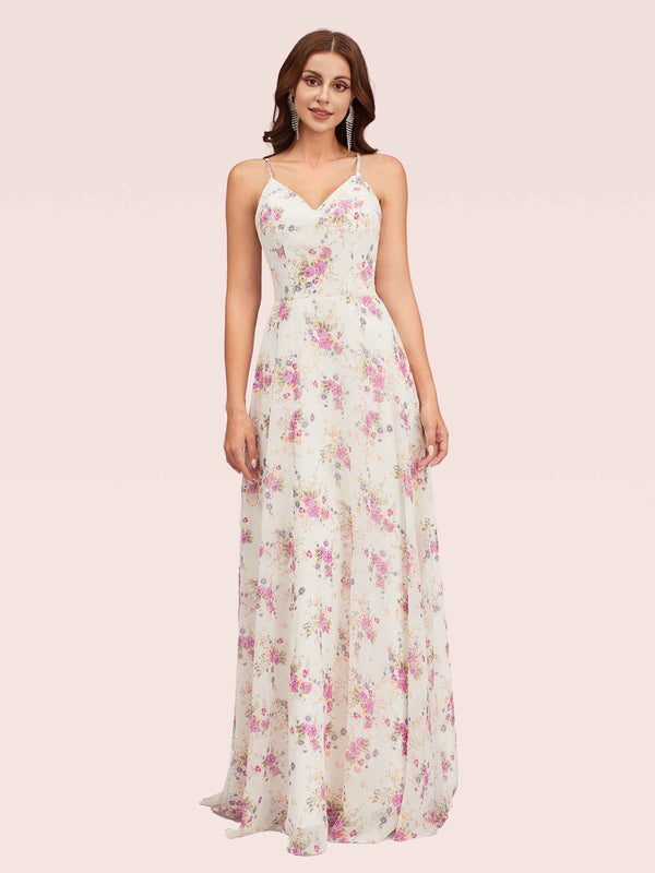 Cute Floral Chiffon Spaghetti Straps V-neck Long Bridesmaid Dresses Online