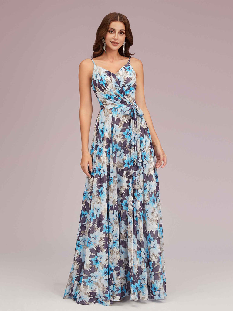 Elegant Floral Chiffon Spaghetti Straps V-neck Long Graduation Prom Dresses With Slit Elegant Floral Chiffon Spaghetti Straps V-neck Long Graduation Prom Dresses With Slit