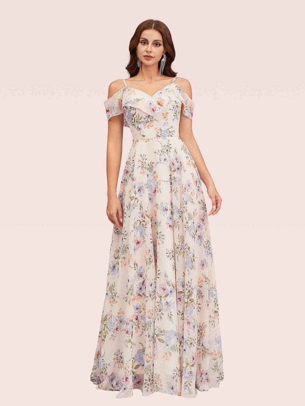 Cute Floral Chiffon Cold Shoulder Long Bridesmaid Dresses Online