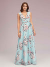Cute Floral Chiffon Blue Deep V-neck Long Bridesmaid Dresses