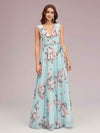 Cute Floral Chiffon Blue Deep V-neck Long Formal Prom Dresses