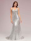 Sexy Backless Halter V-neck Backless Silver Sequin Long Mermaid Prom Dresses