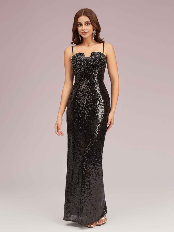 Unique Black Spaghetti Straps Sequin Long Mermaid Prom Dresses For Sale