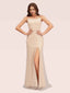 Champagne Spaghetti Straps Sequin Long Mermaid Prom Dresses With Slit
