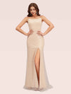 Champagne Spaghetti Straps Sequin Long Mermaid Prom Dresses With Slit  For Sale