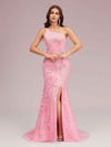 Pink One Shoulder Side Slit Lace Applique Long Mermaid Prom Dresses