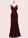 Sexy Mermaid Spaghetti Strap V-neck Long Soft Satin Prom Dresses With Slit