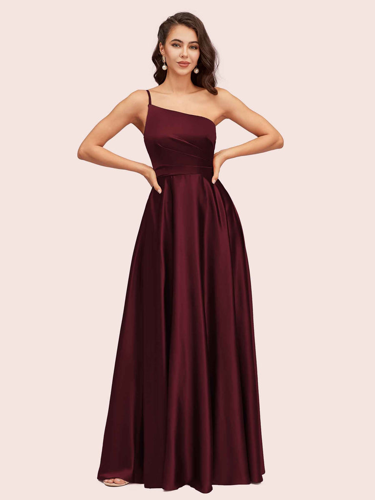 Sexy One Shoulder A-Line Long Soft Satin Bridesmaid Dresses With Pleats For Sale Sexy One Shoulder A-Line Long Soft Satin Bridesmaid Dresses With Pleats For Sale