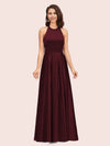 Sexy Backless Halter Simple Long Satin Graduation Prom Dresses With Bow