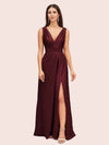 Sexy V-neck Long Side Slit Silk Satin Evening Prom Dresses Online