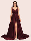 Elegant Spaghetti Straps V-neck Long Soft Satin Side Slit Bridesmaid Dresses
