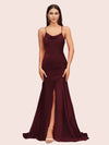 Sexy Backless Mermaid Spaghetti Straps Long Soft Satin Bridesmaid Dresses With Slit