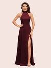 Elegant Halter Open Back Long Side Split Long Soft Satin Formal Prom Dresses