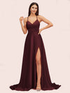 Elegant A-line Spaghetti Straps Long Soft Satin Party Prom Dresses With Slit