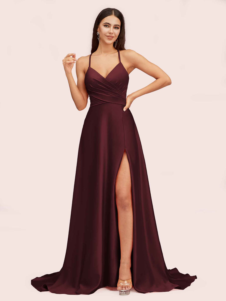 Elegant A-line Spaghetti Straps Long Soft Satin Party Prom Dresses With Slit Elegant A-line Spaghetti Straps Long Soft Satin Party Prom Dresses With Slit