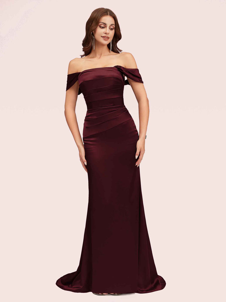 Cetims Sexy Mermaid Off Shoulder Long Silky Satin Bridesmaid Dresses Cabernet