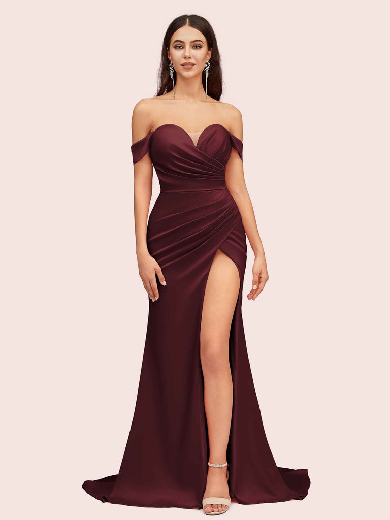 Cetims Sexy Side Split Off Shoulder Long Silky Satin Mermaid Formal Prom Dresses Online party Dresses for women Prom gown Mulberry