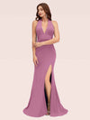 Sexy Halter Sleeveless Open Back Side Slit Stretchy Jersey Long Mermaid Bridesmaid Dresses