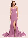 Sexy Halter V-neck Side Slit Stretchy Jersey Long Mermaid Bridesmaid Dresses