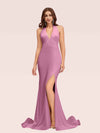 Sexy Backless Side Slit V-Neck Off Shoulder Jersey Long Mermaid Bridesmaid DressesSide Slit