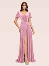 Elegant Velvet V-neck Side Slit Short Sleeves Long Bridesmaid Dresses Online