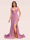 Sexy Backless V-neck Open Back Side Slit Stretchy Jersey Long Mermaid Bridesmaid Dresses
