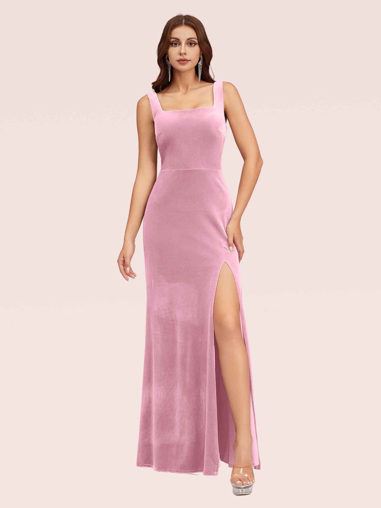 Elegant Velvet Square Neck Sleeveless Long Mermaid Bridesmaid Dresses With Slit Elegant Velvet Square Neck Sleeveless Long Mermaid Bridesmaid Dresses With Slit