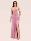 Sexy Spaghetti Strap V-Neck Long Velvet Bridesmaid Dress With Slit