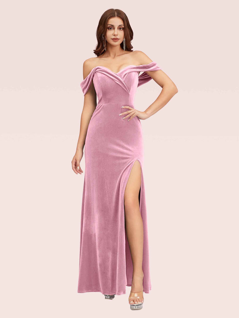 Sexy Side Slit Off Shoulder Long Mermaid Velvet Bridesmaid Dresses Online Sexy Side Slit Off Shoulder Long Mermaid Velvet Bridesmaid Dresses Online