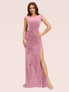 Sexy Open Back Velvet Scoop Long Mermaid Formal Prom Dresses With Slit