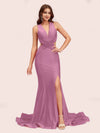 Sexy Mermaid Side Slit Deep V-neck Stretchy Jersey Long Bridesmaid Dresses Online