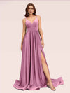 Sexy Side Slit Spaghetti Straps V-neck Jersey Long Bridesmaid Dresses Online For Sale
