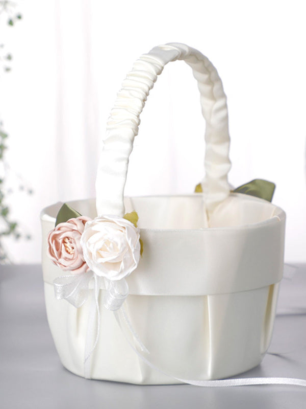Satin Flower Lace Bow Small Portable Flower Basket, HL-5778
