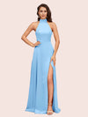 Elegant A-line High Neck Long Side Split Long Soft Satin Bridesmaid Dresses