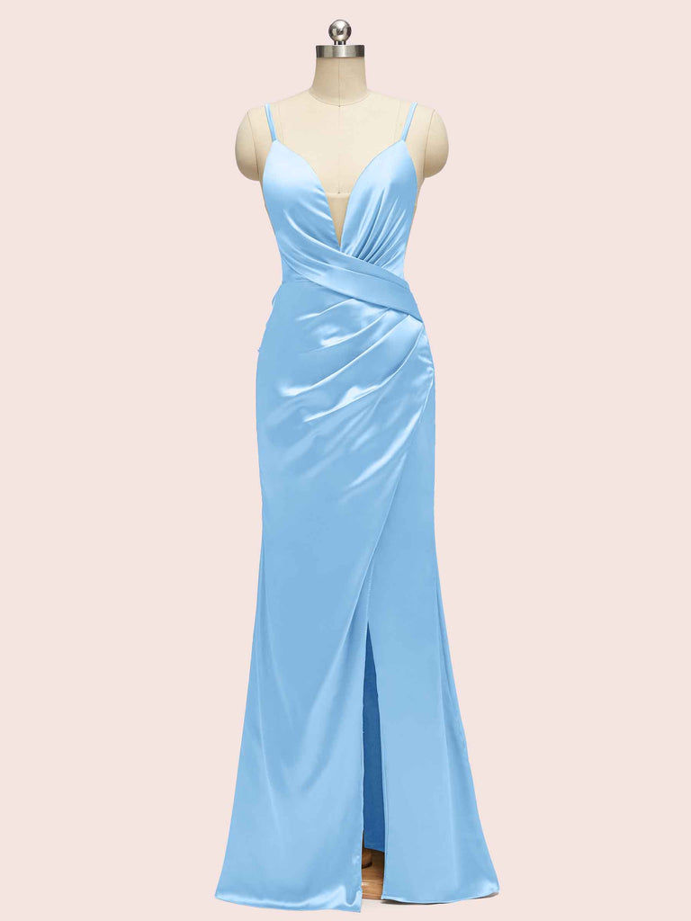Sexy Mermaid Spaghetti Strap Side Slit Soft Satin Long Bridesmaid Dresses Online