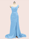 Sexy One Shoulder Long Soft Satin Mermaid Party Prom Dresses With Slit