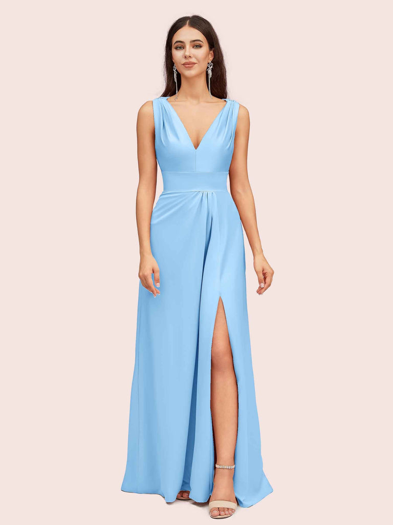 Sexy V-neck Long Side Slit Silk Satin Evening Prom Dresses Online Sexy V-neck Long Side Slit Silk Satin Evening Prom Dresses Online