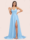 Elegant A-line Spaghetti Straps Long Soft Satin Party Prom Dresses With Slit