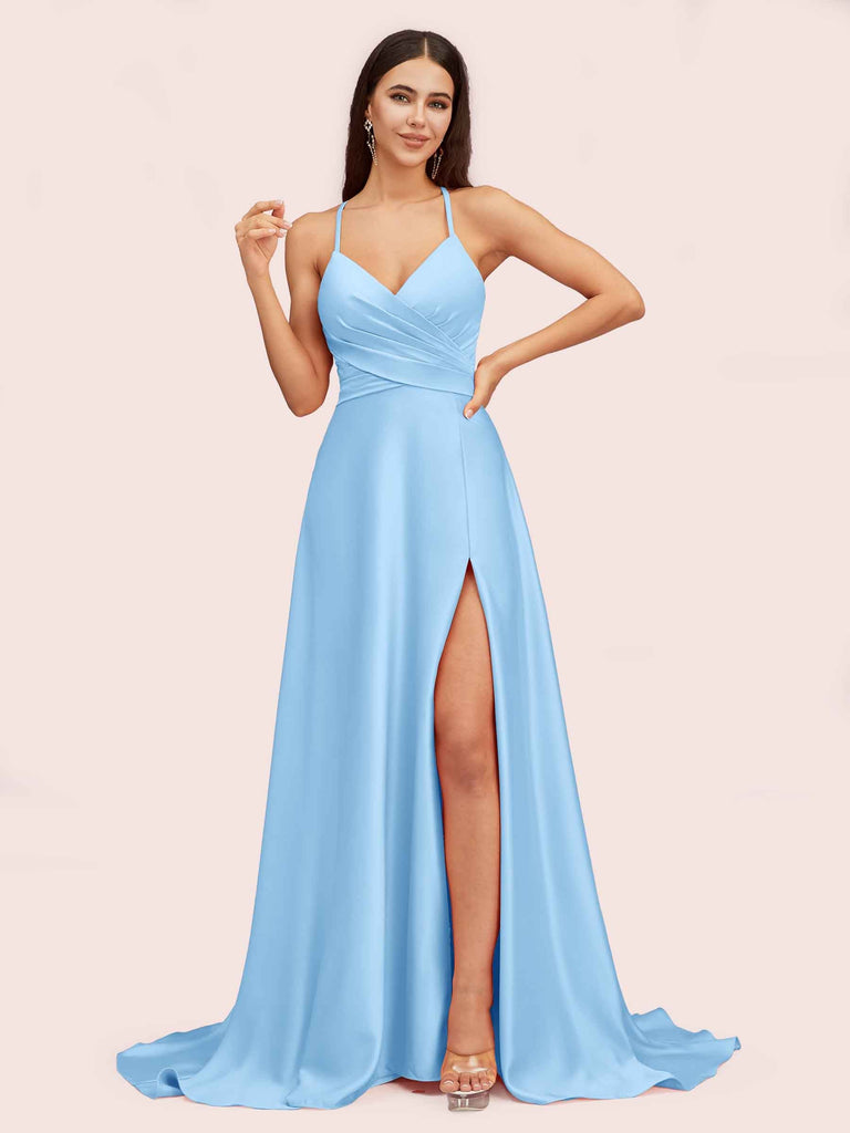 Elegant A-line Spaghetti Straps Long Soft Satin Party Prom Dresses With Slit Elegant A-line Spaghetti Straps Long Soft Satin Party Prom Dresses With Slit