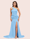 Sexy Mermaid One Shoulder Long Soft Satin Side Slit Bridesmaid Dresses Online For Sale