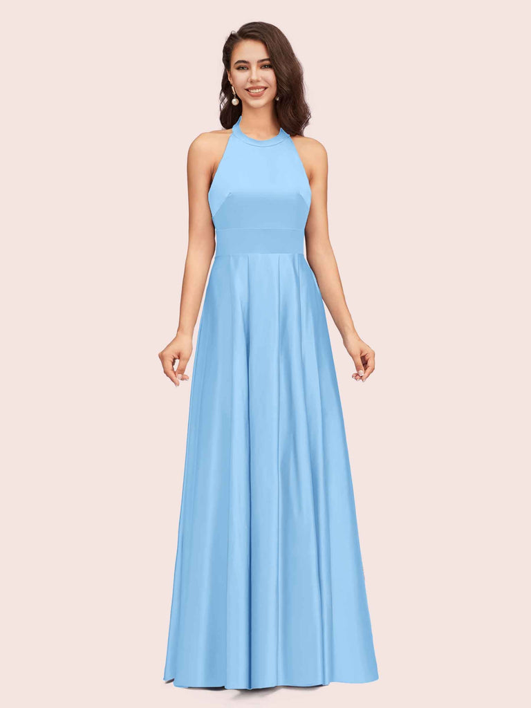 Sexy Backless Halter Simple Long Satin Graduation Prom Dresses With Bow Sexy Backless Halter Simple Long Satin Graduation Prom Dresses With Bow