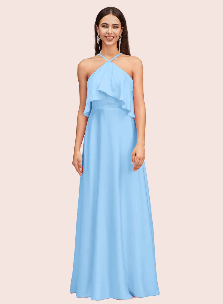 Elegant A-line Halter Sleeveless Long Soft Satin Bridesmaid Dresses Online Elegant A-line Halter Sleeveless Long Soft Satin Bridesmaid Dresses Online
