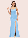 Simple Spaghetti Straps Mermaid Long Silky Satin evening Prom Dresses With Slit